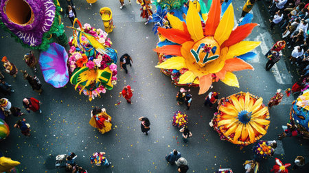 Bird's-eye view of a European festival parade with colorful floats and performers, ample space for text.の素材