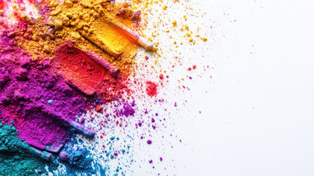 Top view of vibrant colored powders scattered on a white background, representing the India Color Festival, with ample copy space.の素材