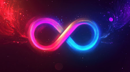 Bright, colorful infinity symbol in neon lights, with abstract shapes and a dark background.の素材