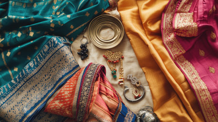 Overhead shot of an Indian sari draping class with fabric and accessories displayed, space for copy.の素材