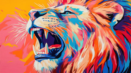 Bold and colorful close-up of a lion roaring, with detailed features and a clean background for copy space.の素材