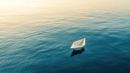 Aerial view of a small paper boat floating on calm ocean water, symbolizing freedom, with open copy space.の素材