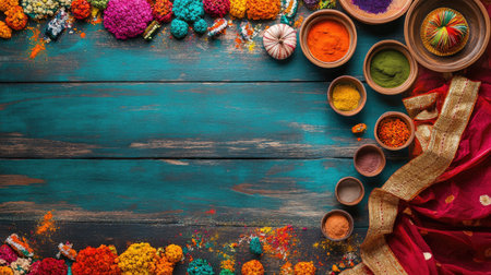 Top view of an Indian festival preparation with colorful decorations and crafts, space for copy on top.の素材