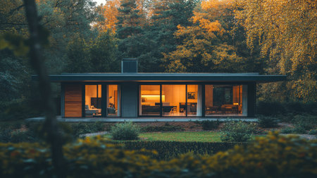 Modern home framed by a natural landscape, offering clean copy space for design.の素材