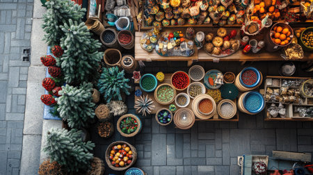 Top view of a European festival with traditional crafts displayed, surrounded by festive decorations, space for copy.の素材