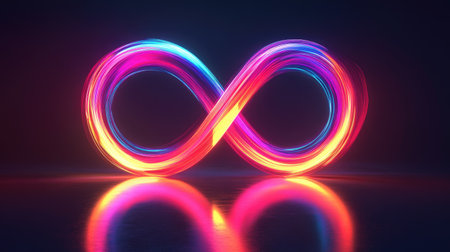 Abstract colorful infinity symbol glowing in neon lights, creating a striking contrast against a dark background.の素材