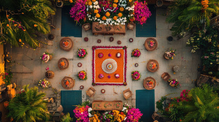 Aerial view of an Indian wedding setup with traditional decorations and flowers, room for text on top.の素材
