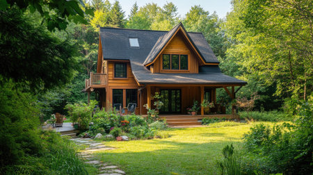 Charming home nestled in nature, surrounded by greenery with ample copy space.の素材