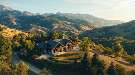 Aerial perspective of a charming home in the mountains, with a picturesque view of the landscape.の素材
