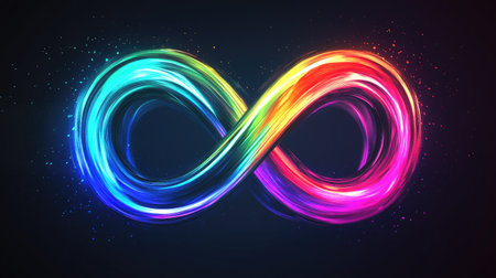 Abstract neon infinity symbol, shining with a spectrum of colors, against a dark, futuristic background.の素材