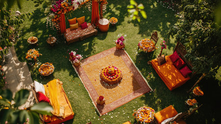 Aerial view of an Indian wedding setup with traditional decorations and flowers, room for text on top.の素材