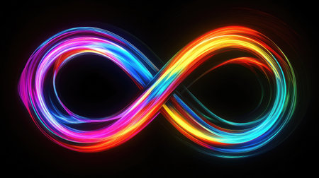 Colorful neon infinity symbol, radiating with bright hues and abstract light trails on a black backdrop.の素材