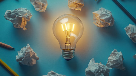 Overhead shot of a light bulb surrounded by crumpled paper and pencils, representing the birth of a new idea, ample copy space.の素材