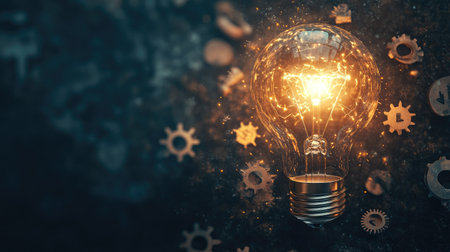 Top view of a glowing light bulb on a dark background with scattered elements like gears and notes, symbolizing innovation, space for text.の素材