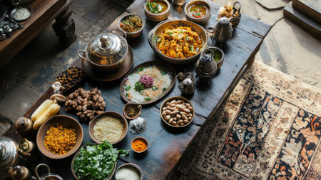 Top view of an Indian cooking class setup with fresh ingredients and traditional utensils, room for copy.の素材