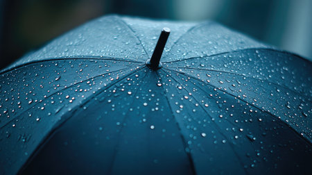 Raindrops on an open umbrella, captured in close-up with a minimalist background and ample copy space.の素材