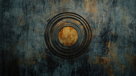 Dark, abstract grunge design featuring a central target, with textured details and ample copy space.の素材