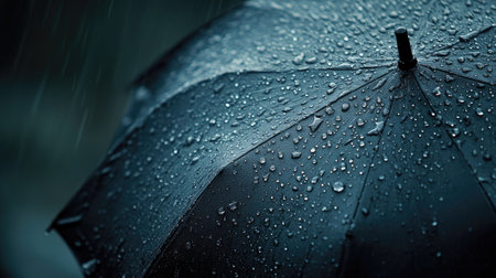 Detailed shot of an umbrella catching raindrops, with open space around it for text or design elements.の素材