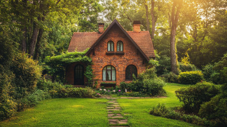 Charming home nestled in nature, surrounded by greenery with ample copy space.の素材