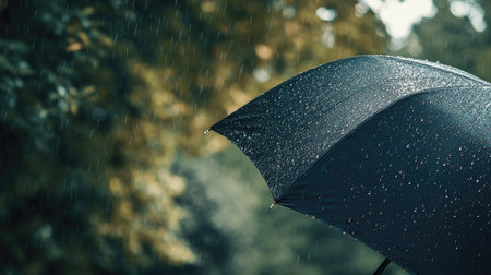 Detailed shot of an umbrella catching raindrops, with open space around it for text or design elements.の素材