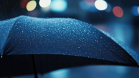 Close-up view of an umbrella in the rain, with water droplets visible and plenty of copy space.の素材