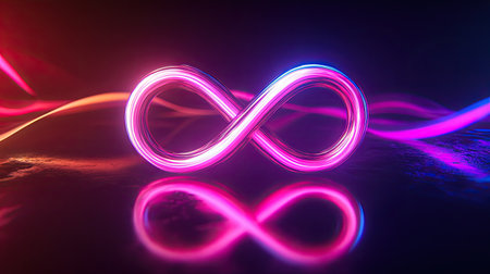 Neon infinity sign with a gradient of vivid colors, floating in an abstract digital space.の素材