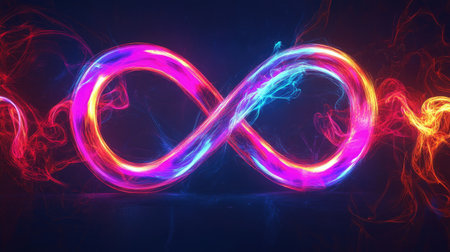 Abstract colorful infinity symbol glowing in neon lights, creating a striking contrast against a dark background.の素材