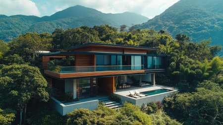 Stunning aerial view of a modern house nestled in the mountains, surrounded by lush greenery.の素材