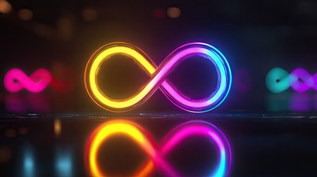 Neon infinity sign with a gradient of vivid colors, floating in an abstract digital space.の素材