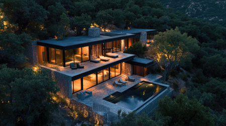 Mountain retreat house with expansive views of the surrounding nature, captured from above.の素材