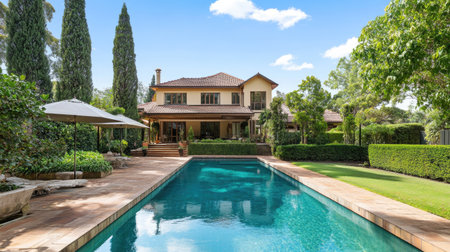 Expansive estate with a swimming pool and manicured garden, offering plenty of copy space.の素材