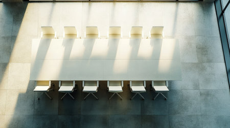 Aerial view of a conference room with a well-arranged table and empty chairs, ideal for overlaying your own textの素材