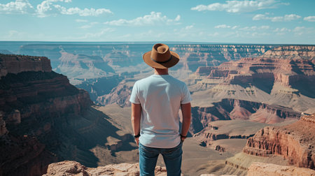 Top-down view of a tourist standing on a scenic overlook, facing away with copy space in the background.の素材