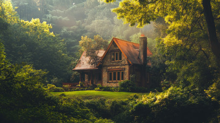 Popular house surrounded by trees and natural beauty, with open copy space for text.の素材