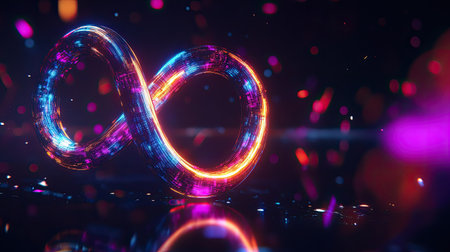 Glowing neon infinity sign in vivid colors, floating in an abstract digital space with dark tones.の素材