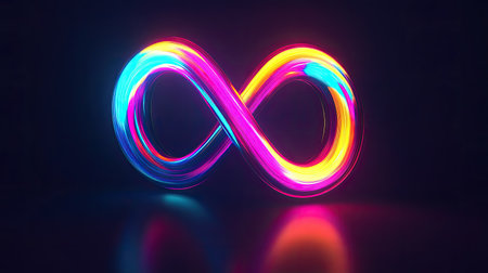 Vibrant, abstract neon infinity symbol glowing with dynamic colors, set against a dark background.の素材
