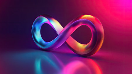 Neon infinity sign with a gradient of vivid colors, floating in an abstract digital space.の素材