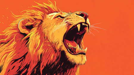 Vibrant illustration of a lion's fierce roar, capturing intense emotion with open copy space.の素材