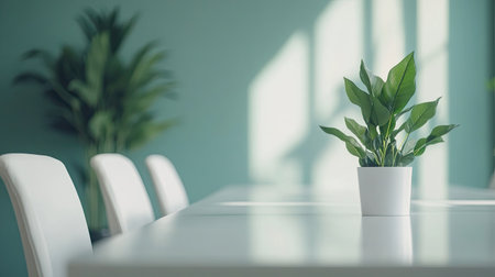 Detailed shot of a conference room setup with a clean table and chairs, providing plenty of space for custom text or graphicsの素材