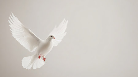 Single white dove seen from the top, set against a simple background, perfect for messages of hope and tranquilityの素材