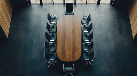 Empty meeting room from above, featuring a large table and chairs, ideal for inserting your own messageの素材
