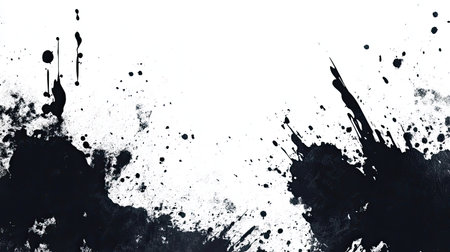 Abstract black and white ink splatter design, with ample copy space in the bottom half.の素材