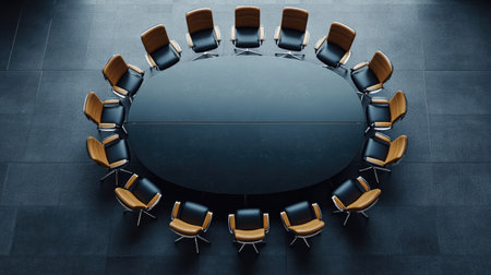 Empty conference room from above, featuring a large table and surrounding chairs, with clear space for textの素材