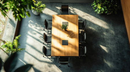 Top view of a modern meeting room with a large table and chairs, ample copy space for adding your contentの素材
