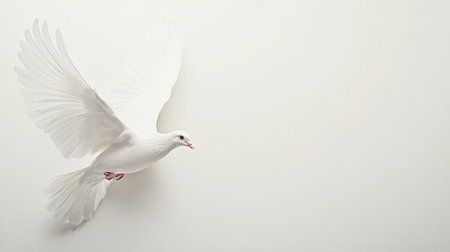 Top view of a single white dove on a clean, white background, symbolizing peace and purity with ample copy spaceの素材
