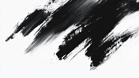 Black and white abstract brush strokes with ample copy space in the bottom half.の素材