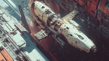 Flat lay of a spaceship docked at a space station, with plenty of copy space on the right.の素材