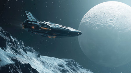 Side view of a spaceship flying over a distant moon, with ample copy space in the bottom half.の素材
