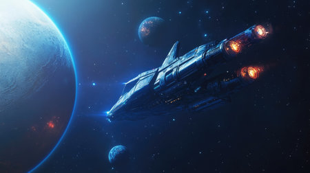 Top view of a futuristic spaceship flying through deep space with planets in the background, ample copy space on the left.の素材