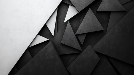 Top view of black and white abstract triangles with ample copy space on the right side.の素材